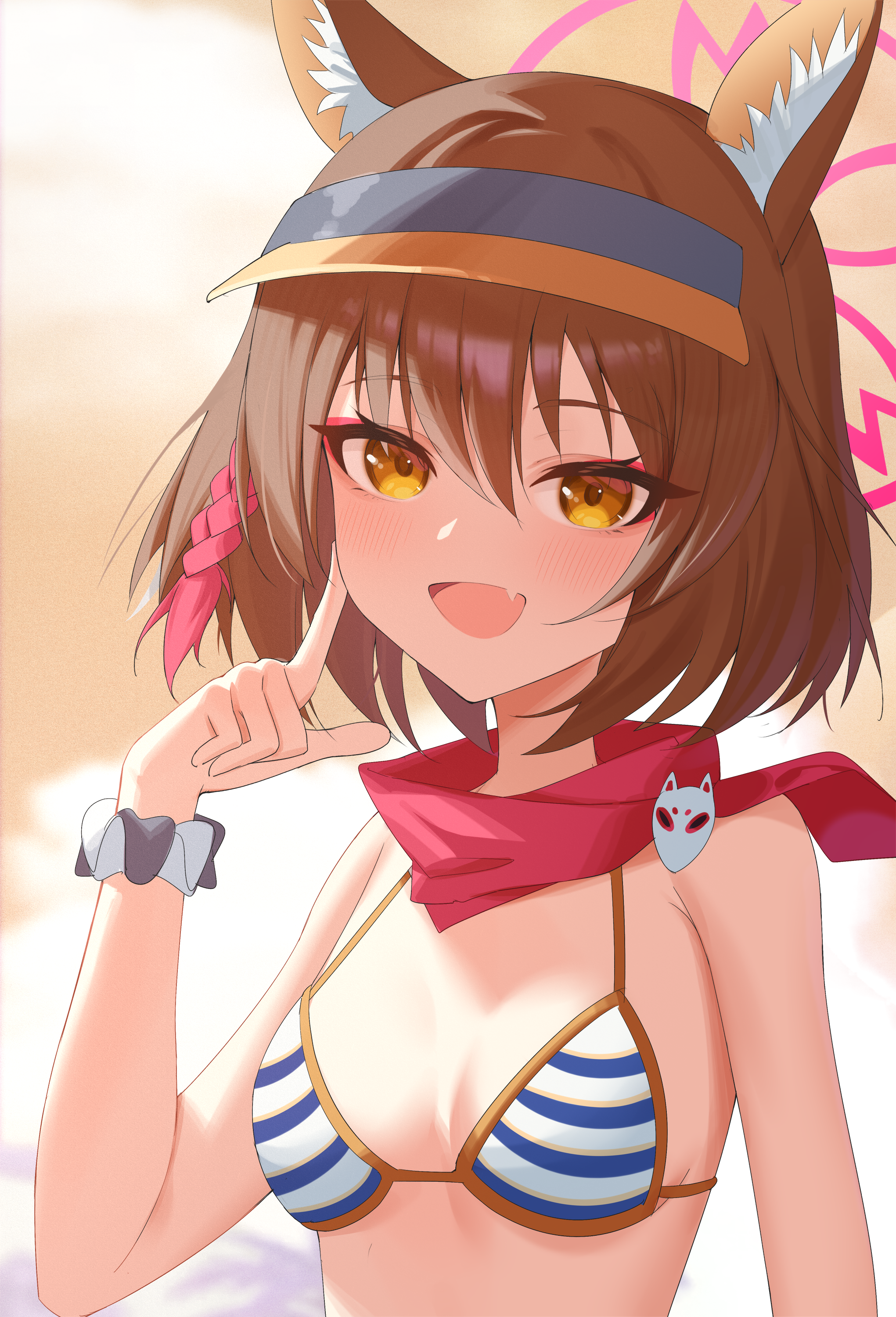1girl absurdres animal_ear_fluff animal_ears bare_shoulders bikini blue_archive breasts brown_hair commentary eyeshadow fang finger_to_cheek fox_ears halo highres izuna_(blue_archive) izuna_(swimsuit)_(blue_archive) jei_(user_tckk7448) looking_at_viewer makeup official_alternate_costume open_mouth pink_eyeshadow pink_halo pink_scarf scarf scrunchie short_hair skin_fang small_breasts smile solo striped_bikini striped_clothes swimsuit upper_body visor_cap wrist_scrunchie yellow_eyes