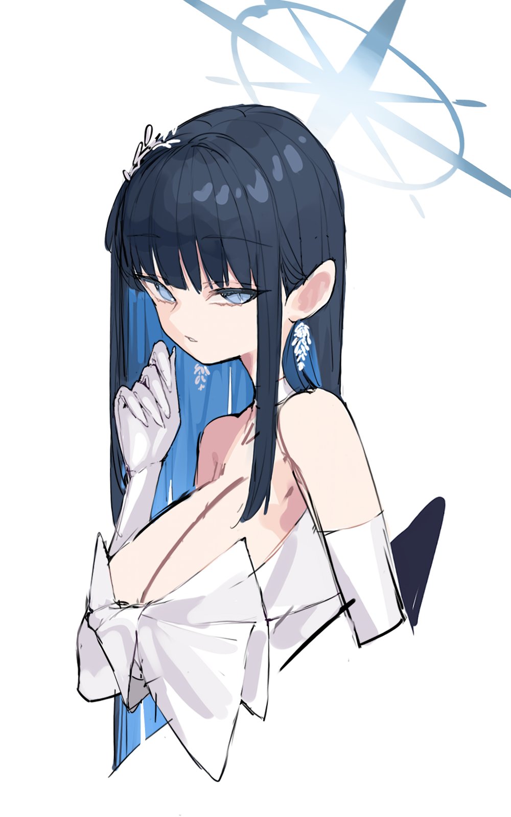 1girl black_hair blue_archive blue_eyes blue_hair blue_halo breasts cleavage colored_inner_hair dress earrings elbow_gloves gloves hair_ornament halo highres jewelry large_breasts long_hair multicolored_hair official_alternate_costume open_mouth saori_(blue_archive) saori_(dress)_(blue_archive) scarlet23i0 simple_background solo strapless strapless_dress upper_body white_background white_dress white_gloves