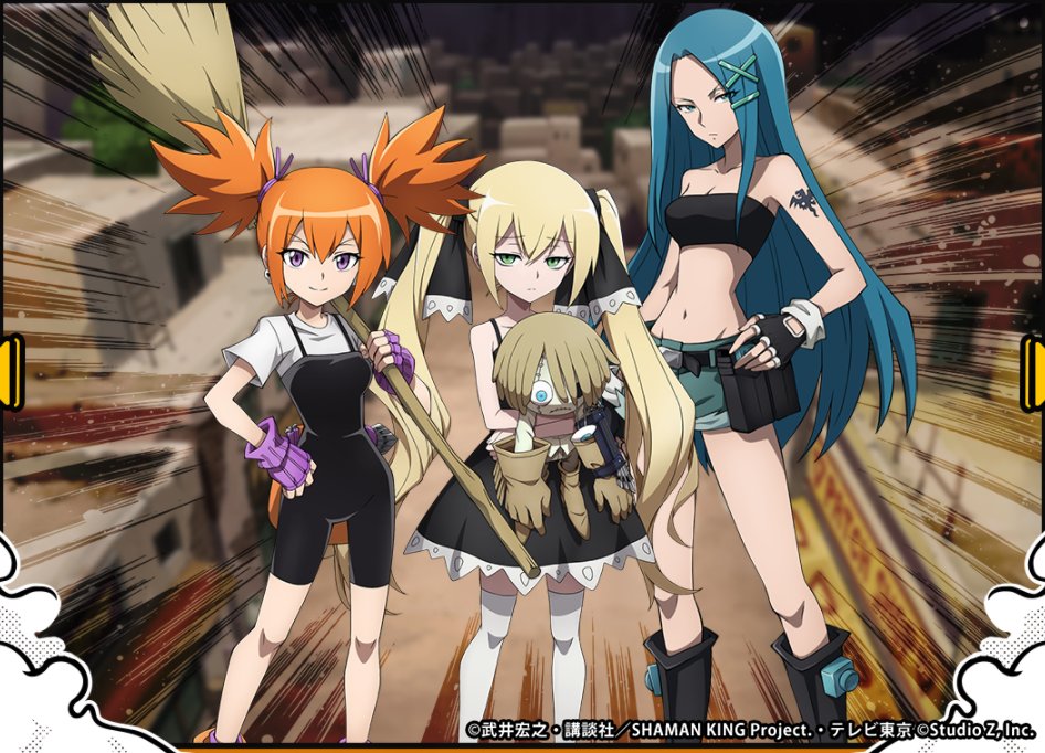 3girls bandeau bare_shoulders black_dress blonde_hair blue_hair blush breasts broom chuck_(shaman_king) cleavage closed_eyes collarbone copyright_name doll dress earrings fingerless_gloves gloves green_eyes hair_between_eyes hair_ornament holding holding_broom jewelry kanna_bismarch long_hair looking_at_viewer marion_phauna matilda_matisse medium_breasts multiple_girls official_art open_mouth orange_hair purple_eyes shaman_king short_shorts shorts skirt small_breasts smile standing tattoo twintails very_long_hair