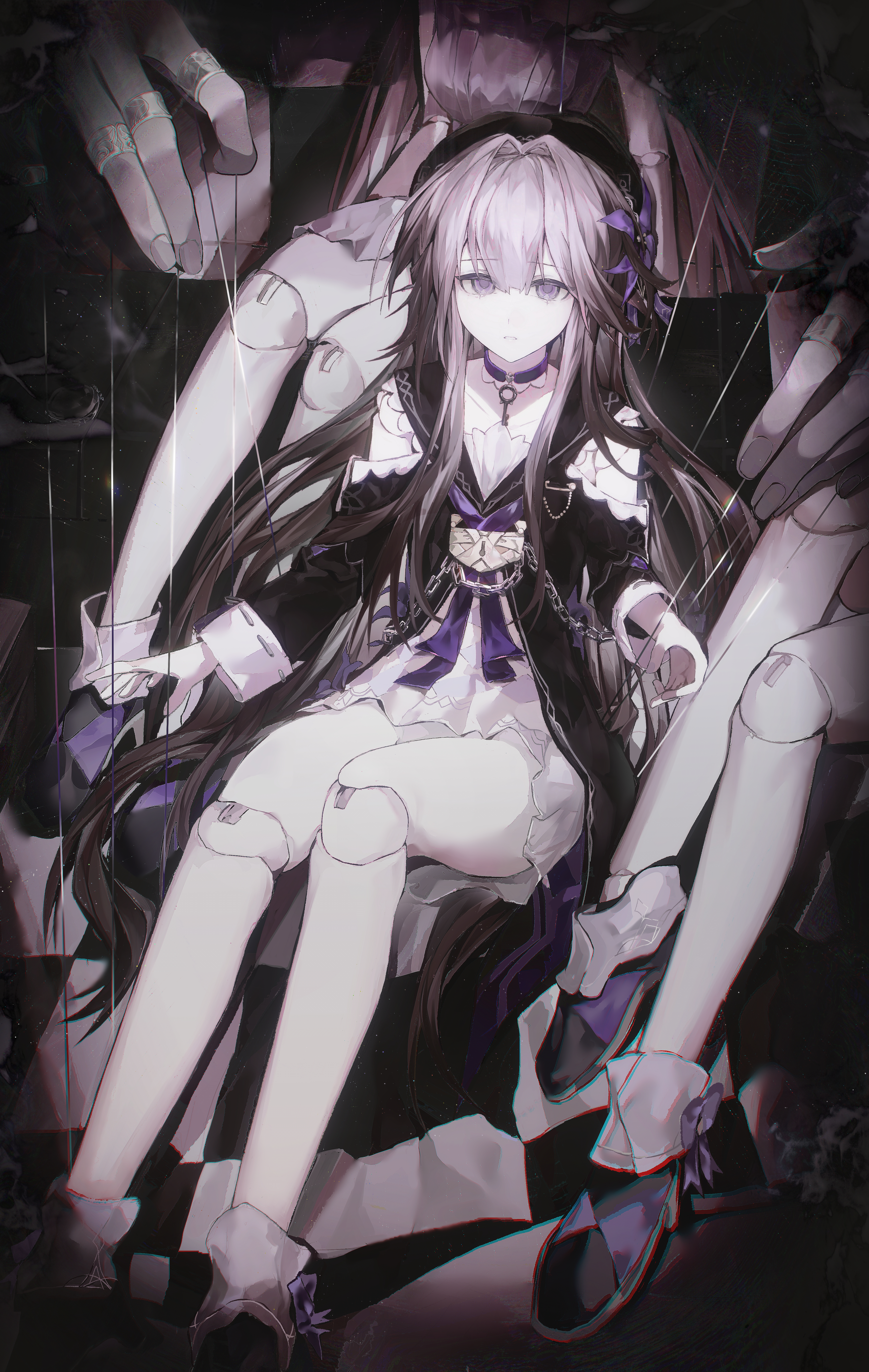 1girl absurdres black_dress black_hat black_shoes chain clothing_cutout collar commentary_request doll_joints dress full_body grey_hair hair_intakes hat herta_(honkai:_star_rail) highres honkai:_star_rail honkai_(series) jewelry joints key lock long_hair long_sleeves looking_at_viewer parted_lips puppet_rings puppet_strings purple_collar purple_eyes ring shoes shoulder_cutout sitting socks solo two-tone_dress vignetting white_dress white_socks zadun