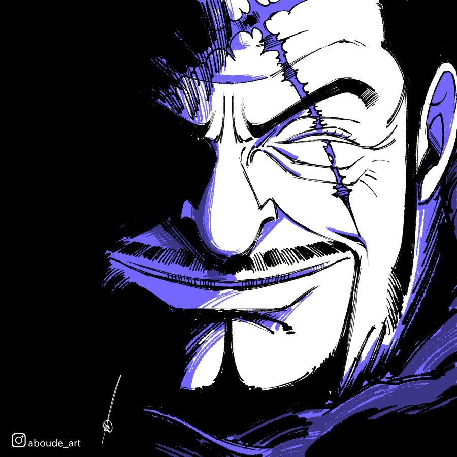 1boy aboude_art arabic_commentary beard black_hair blind closed_mouth commentary commentary_request english_commentary facial_hair fujitora_(one_piece) limited_palette male_focus mixed-language_commentary mustache one_piece scar scar_across_eye scar_on_face short_hair sideburns smile solo spot_color