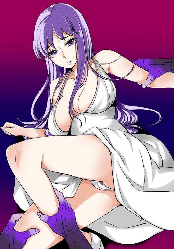 1girl arm_grab athena bare_arms bare_legs bare_shoulders breasts cameltoe cleavage collarbone covered_erect_nipples dress gradient_background kido_saori large_breasts leg_grab legs long_hair looking_at_viewer lying matching_hair/eyes panties pantyshot parted_lips purple_eyes purple_hair saint_seiya simple_background sleeveless solo_focus thighs underwear white_dress white_panties