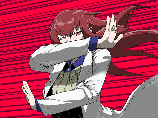 1girl blouse blue_shirt brown_eyes collared_shirt crossed_arms female_focus game_cg hair_blowing lab_coat long_hair looking_at_viewer mon-musu_quest! mon-musu_quest:_paradox parody promestein red_background red_hair setouchi_(blackse) shirt sidelocks simple_background solo steins;gate upper_body