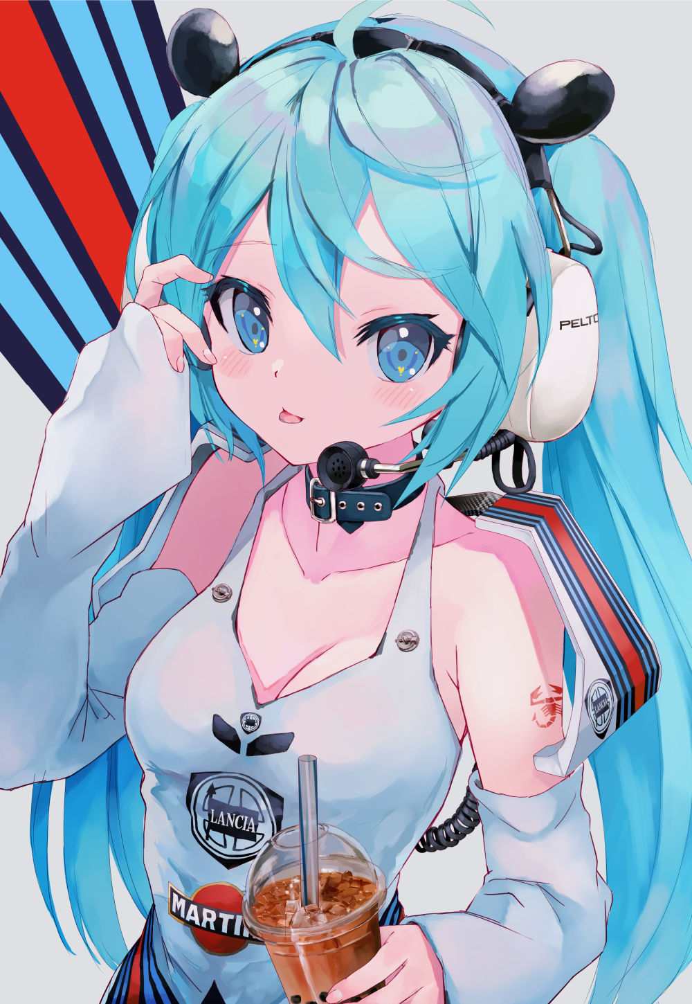 1girl :p ahoge arm_warmers bare_shoulders belt_collar black_collar blue_eyes blue_hair blush breasts collar collarbone commentary_request detached_sleeves drink drinking_straw hair_between_eyes hand_up headset highres holding holding_drink lancia_(brand) lancia_delta_s4 long_hair long_sleeves looking_at_viewer martini_(brand) medium_breasts microphone original personification product_girl s4_uniform scorpion_tattoo shoes simple_background sleeves_past_wrists solo takepon1123 tattoo text_print tongue tongue_out white_background