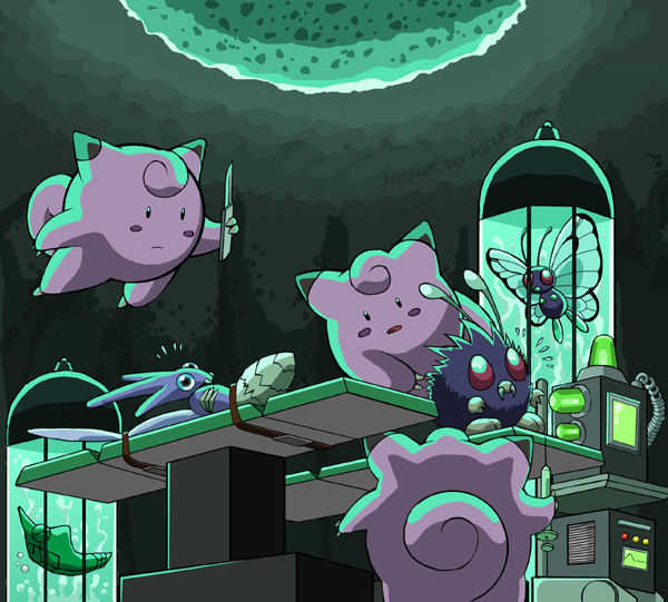 aquanut blush_stickers butterfree cable clefairy closed_mouth commentary fangs gen_1_pokemon holding holding_scalpel lying machine metapod nintendo no_humans on_back pokemon pokemon_(creature) restrained scalpel stasis_tank syringe venomoth venonat