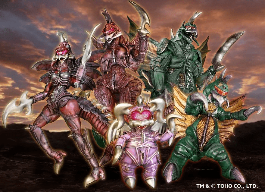 alien breasts brother_and_sister buzzsaw_(tool) cyborg family father_and_daughter father_and_son figure fins gigan girly_galrin godziban godzilla_(series) horns kaiju king_gigander lady_gigana mandibles monster mother_and_daughter mother_and_son mother_gigarian multiple_boys multiple_girls no_humans older_sister open_mouth scythe sharp_teeth siblings spikes teeth toho weapon wide_hips