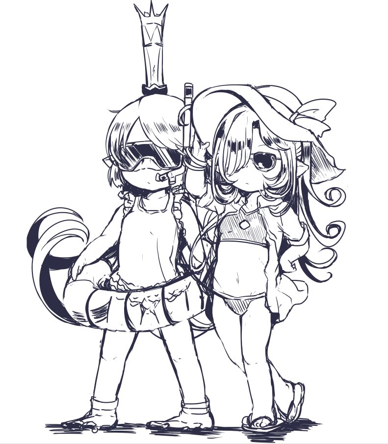 2girls bare_arms bare_shoulders bikini charlotta_(granblue_fantasy) closed_mouth crown curly_hair flat_chest full_body goggles granblue_fantasy hair_over_one_eye hat inflatable_raft monochrome multiple_girls navel niyon_(granblue_fantasy) one-piece_swimsuit pointy_ears shi_ecchi simple_background standing swimsuit swimsuit_skirt white_background