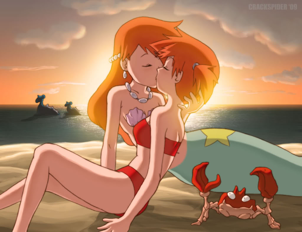 2girls beach bikini closed_eyes crab dual_persona earrings gen_1_pokemon jewelry kiss krabby lapras long_hair mermaid mermaid_misty_(pokemon) misty_(pokemon) monster_girl multiple_girls navel necklace nintendo orange_hair pokemon pokemon_(anime) pokemon_(classic_anime) pokemon_(creature) selfcest shell shell_bikini short_hair sunset swimsuit third-party_source time_paradox watermark yuri