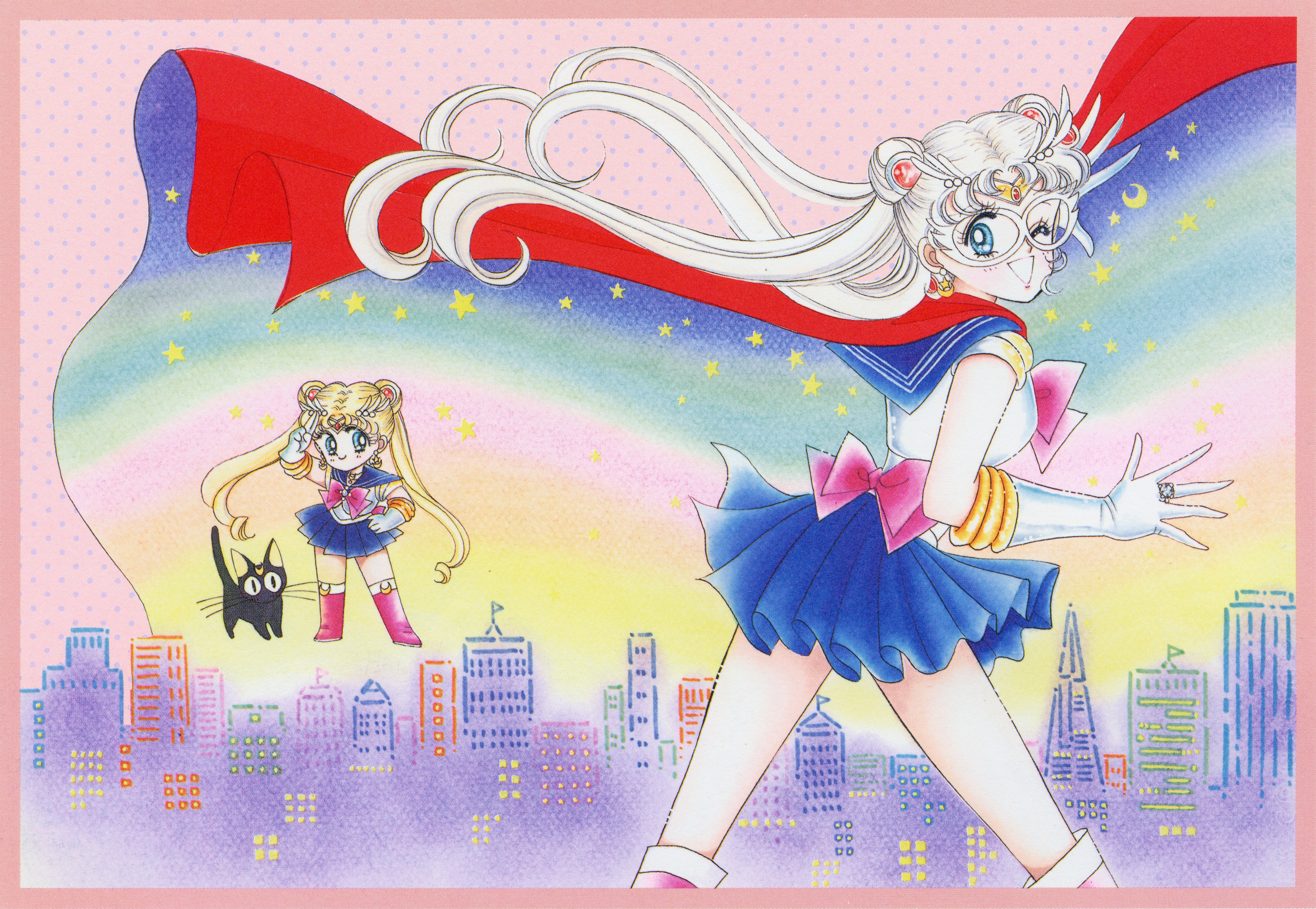 1990s_(style) 2girls ;d absurdres animal artbook bishoujo_senshi_sailor_moon black_cat blonde_hair blue_eyes blue_skirt boots border cape cat chibi chibi_inset city closed_mouth crescent crescent_earrings crescent_facial_mark domino_mask double_bun earrings facial_mark forehead_mark gloves hair_bun hand_on_own_hip highres jewelry long_hair looking_back luna_(sailor_moon) magical_girl mask multiple_girls no_nose official_art one_eye_closed open_mouth pale_skin pink_background pink_border pleated_skirt polka_dot polka_dot_background red_boots red_cape retro_artstyle ring sailor_moon sailor_moon_(prototype) sailor_senshi_uniform salute scan skirt skyline smile star_(symbol) star_earrings takeuchi_naoko tsukino_usagi two-finger_salute white_gloves white_hair white_mask
