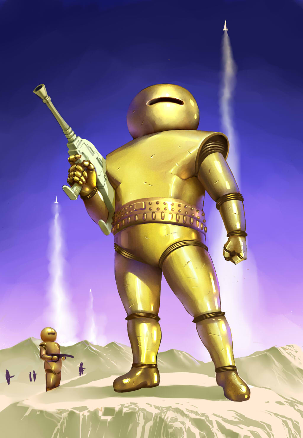 1950s_(style) 2boys androgynous armor desert dessert food gun highres hyaku_todoroki johnny_rico male_focus mecha misogram mobile_infantry mountain multiple_boys outdoors parody power_armor retro_artstyle rifle robot rocket rocket_ship science_fiction sky soldier spacecraft starship_troopers weapon