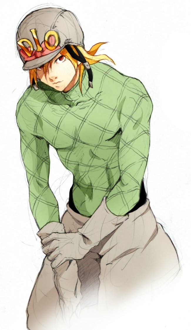 1boy blonde_hair diego_brando gloves green_shirt hat jojo_no_kimyou_na_bouken mixed_media red_eyes sari_(zntkfl11) shirt short_hair steel_ball_run sweater tail turtleneck