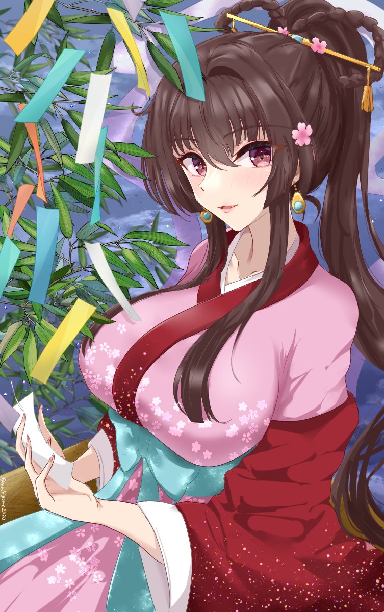 1girl bamboo blush breasts brown_eyes brown_hair chamumi_(mochiumee) cosplay earrings floral_print flower hair_flower hair_ornament hair_rings hair_stick haori highres holding holding_tanzaku japanese_clothes jewelry kantai_collection kimono large_breasts long_hair long_sleeves looking_at_viewer morning_glory_print orihime_(tanabata) orihime_(tanabata)_(cosplay) paper_chain pink_kimono ponytail red_haori sash shawl sky smile solo star_(sky) starry_sky tanabata tanzaku very_long_hair wide_sleeves yamato_(kancolle)