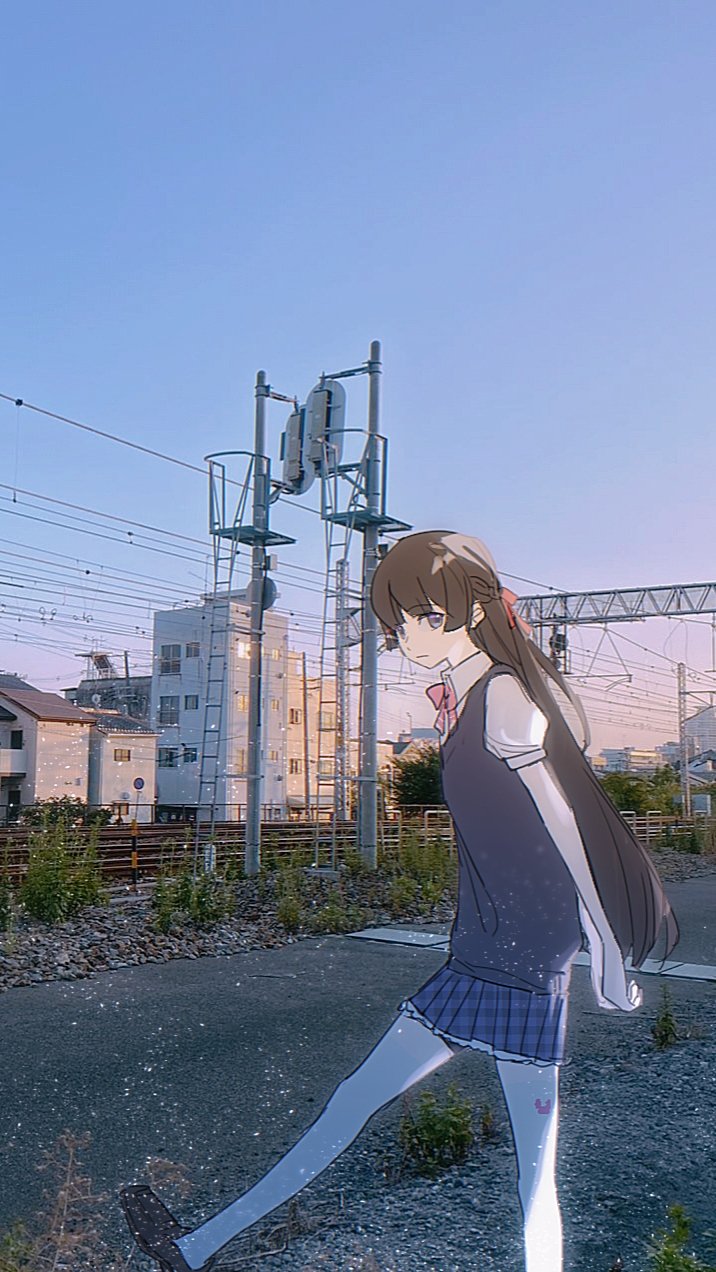 1girl arms_behind_back black_hair black_sweater_vest blue_skirt blue_sky building bush closed_mouth collared_shirt evening expressionless foot_out_of_frame from_side gravel hair_ribbon half_updo highres light_particles long_hair looking_at_viewer looking_to_the_side nijisanji outdoors overhead_line photo_background pink_ribbon popoyu purple_eyes railroad_tracks ribbon road shirt shoes short_sleeves skirt sky solo standing standing_on_one_leg sweater_vest thighhighs tsukino_mito tsukino_mito_(3rd_costume) virtual_youtuber walking white_shirt white_thighhighs