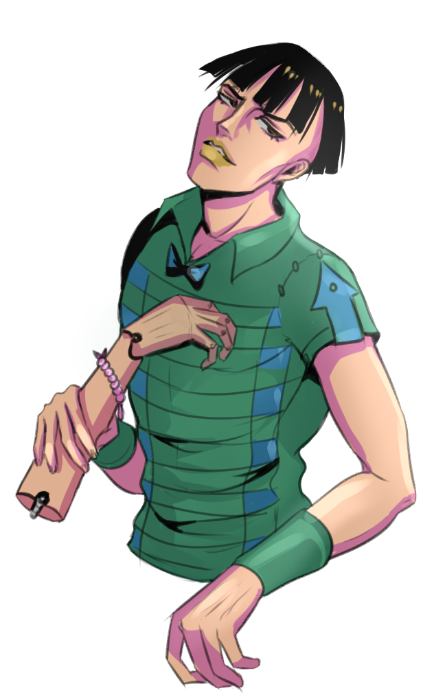 1boy arrow_(symbol) bead_bracelet beads black_hair bow bowtie bracelet brown_eyes disembodied_hand higashikata_joshu holding jewelry jojo_no_kimyou_na_bouken jojolion kuraihisan lipstick makeup male_focus solo upper_body wristband yellow_lips