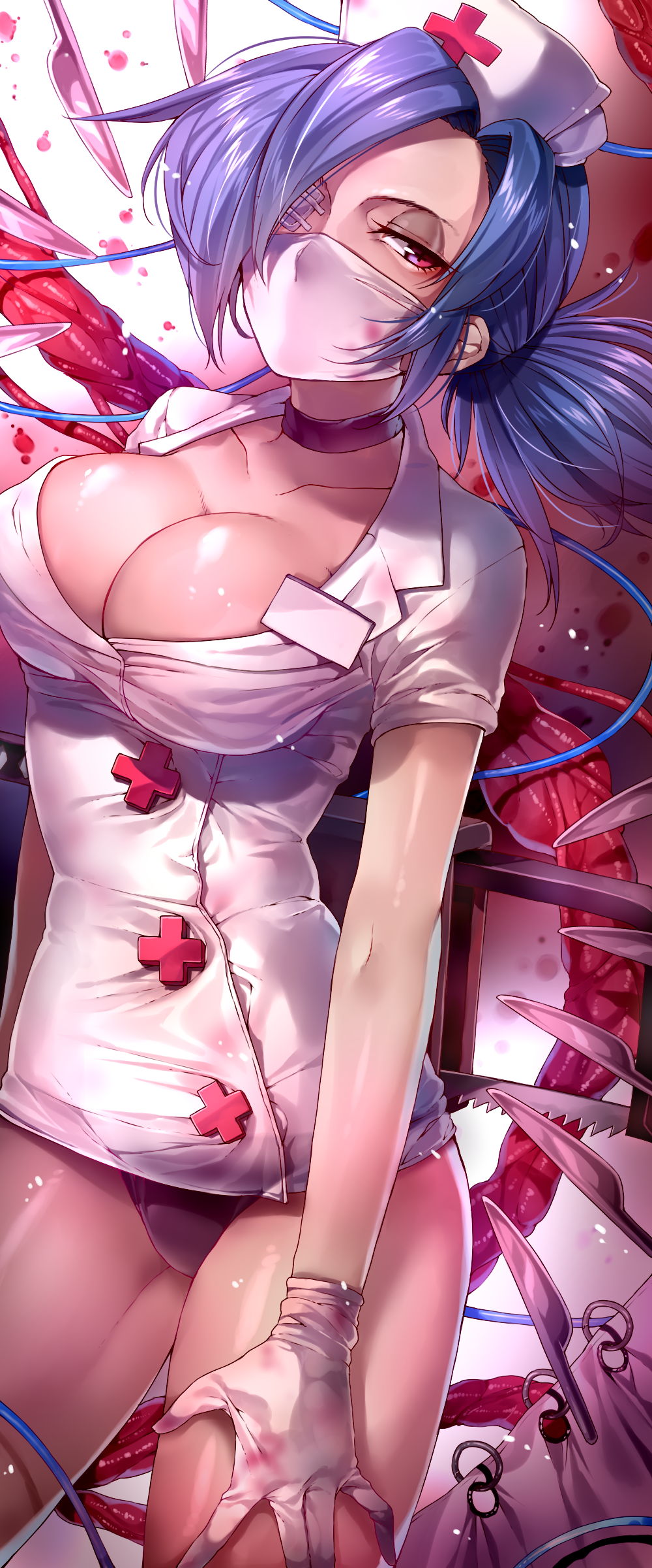 1girl absurdres black_panties blood blue_hair breasts bursting_breasts choker cleavage collarbone cross eyepatch female_focus gloves hair_intakes hand_on_thigh hat highres large_breasts looking_at_viewer mouth_mask name_tag nurse nurse_cap panties ponytail red_eyes rojiko scalpel skullgirls solo surgical_mask symbol-shaped_pupils thighs underwear valentine_(skullgirls) white_gloves