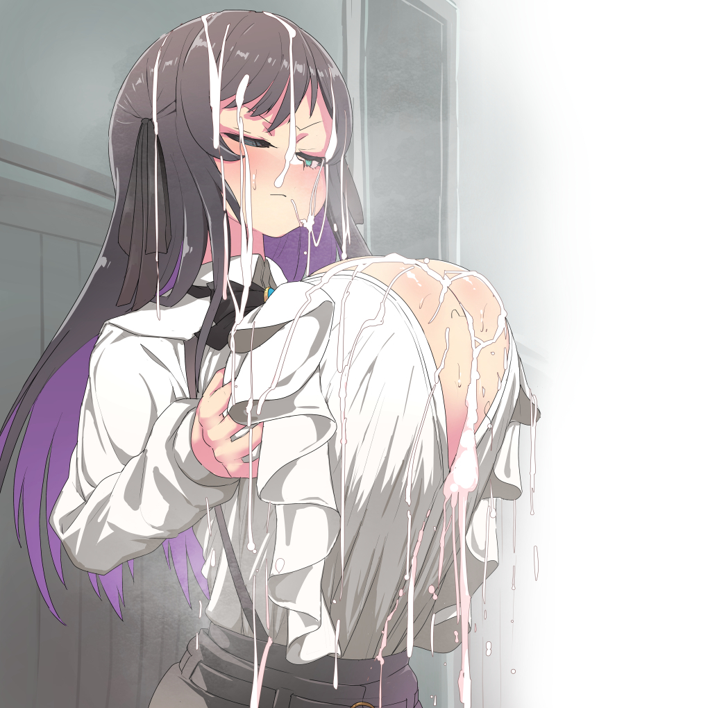 1girl after_paizuri alina_clover black_skirt blush breasts brown_hair cleavage closed_mouth colored_inner_hair cum cum_on_body cum_on_breasts cum_on_clothes cum_on_upper_body facial from_side green_eyes guild_no_uketsukejou_desu_ga_zangyou_wa_iya_nanode_boss_wo_solo_toubatsu_shiyou_to_omoimasu half-closed_eye hand_on_own_chest huge_breasts large_variant_set long_hair looking_ahead multicolored_hair one_eye_closed partially_unbuttoned pt purple_hair shirt skirt solo steaming_body suspender_skirt suspenders sweat variant_set very_long_hair white_shirt