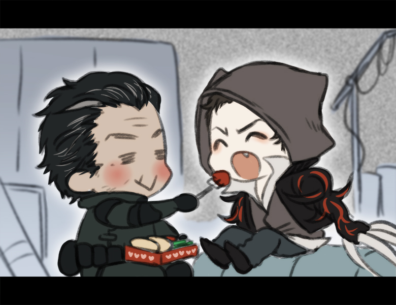 2boys ^_^ alex_mercer animification bad_id bad_pixiv_id black_hair blush chibi claws closed_eyes fang feeding fork hood hooded_jacket jacket male_focus multiple_boys prototype_(game) ren_(dokyakutu) robert_cross scar