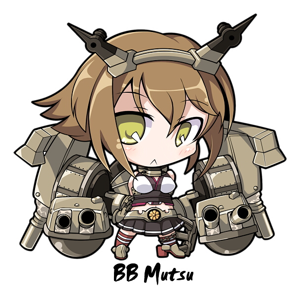 10s 1girl :&lt; arms_behind_back boots brown_hair character_name chibi female_focus grafity7 headband high_heel_boots high_heels kantai_collection long_hair looking_at_viewer miniskirt mutsu_(kancolle) personification short_hair skirt solo take_tonbo