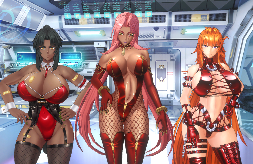 3girls action_taimanin alternate_costume breasts curvy dark-skinned_female dark_skin highleg highleg_leotard huge_breasts ingrid_(taimanin_asagi) kamimura_maika leotard lilith-soft mirabell_bell multiple_girls official_alternate_costume orange_hair playboy_bunny taimanin_(series) taimanin_asagi_kessen_arena wide_hips