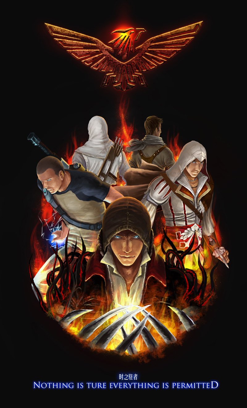 alex_mercer assassin&#039;s_creed assassin&#039;s_creed_(series) cole_mcgrath crossover english_text engrish_text ezio_auditore_da_firenze highres hood hoodie infamous infamous_2 nathan_drake pixiv(1776315) prototype_(game) ranguage uncharted