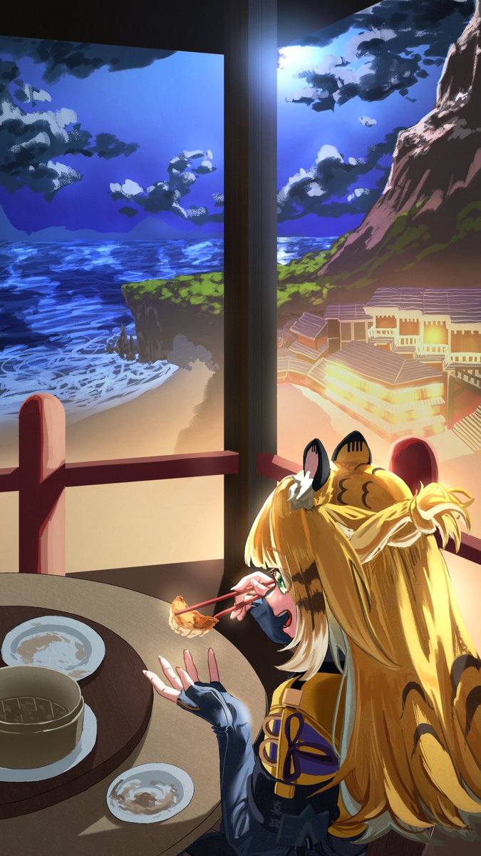 1girl animal_ear_fluff animal_ears bamboo_steamer blonde_hair chopsticks dumpling eating fingerless_gloves food gloves green_eyes harukimatsui_25 highres holding holding_chopsticks jiaozi ju_fufu long_hair multicolored_hair ocean plate sitting solo streaked_hair table tail tiger_ears tiger_girl tiger_tail town water white_hair zenless_zone_zero