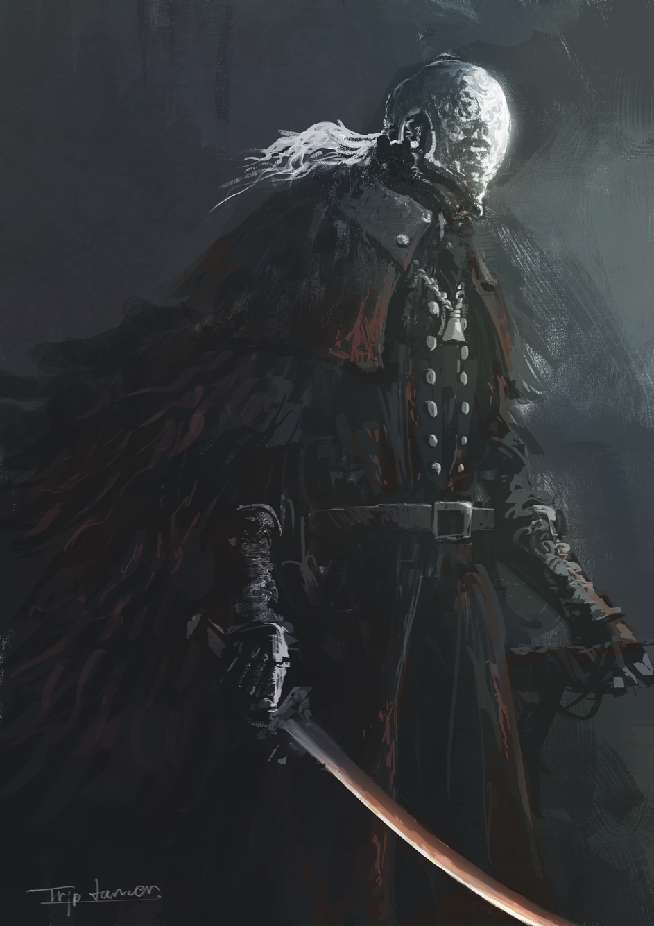 1boy artist_name belt black_belt black_capelet black_cloak blood blood_on_clothes bloodborne bloody_crow_of_cainhurst bloody_weapon buttons capelet cloak commentary cowboy_shot double-breasted english_commentary from_side gauntlets grey_background helmet highres holding holding_sword holding_weapon jewelry long_hair long_sleeves male_focus necklace solo sword tripdancer unsheathed weapon white_hair