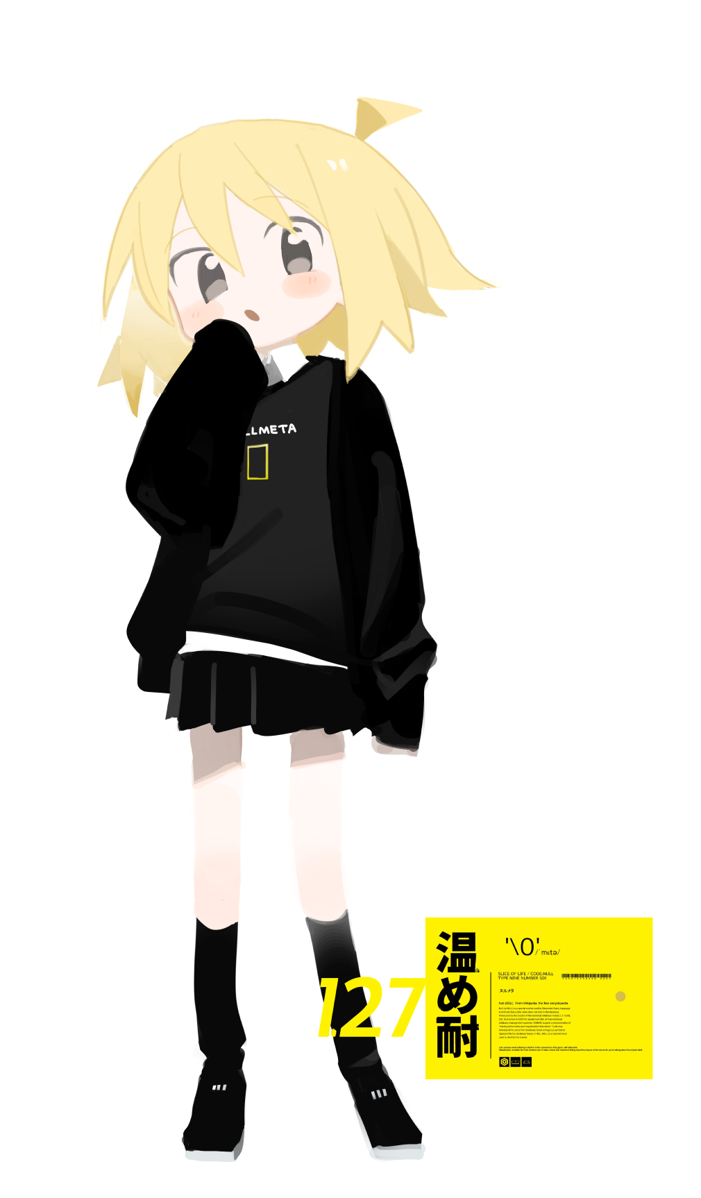 1girl :o ahoge black_eyes black_jacket black_skirt black_socks black_sweater blonde_hair copyright_name english_text full_body highres jacket kneehighs kokaki_mumose long_sleeves looking_at_viewer national_geographic null-meta open_clothes open_jacket open_mouth pleated_skirt print_sweater shirt shirt_under_sweater shoes short_hair simple_background skirt sleeves_past_fingers sleeves_past_wrists sneakers socks solo standing sweater translation_request uozumi_kurumi white_background white_shirt