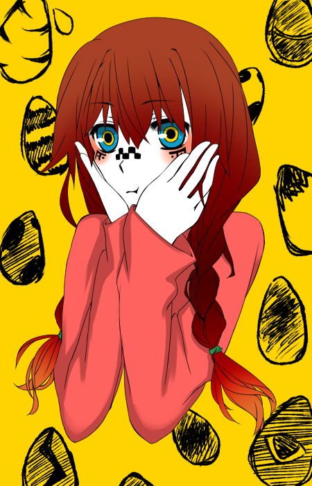 1girl :t blue_eyes blush braid brown_hair closed_mouth colored_skin egg hands_on_own_cheeks hands_on_own_face looking_at_viewer madotsuki matryoshka_(vocaloid) parody patterned_background pink_shirt shirt simple_background solo twin_braids upper_body vocaloid white_skin xiluo_(yu_ya1119) yellow_background yume_nikki