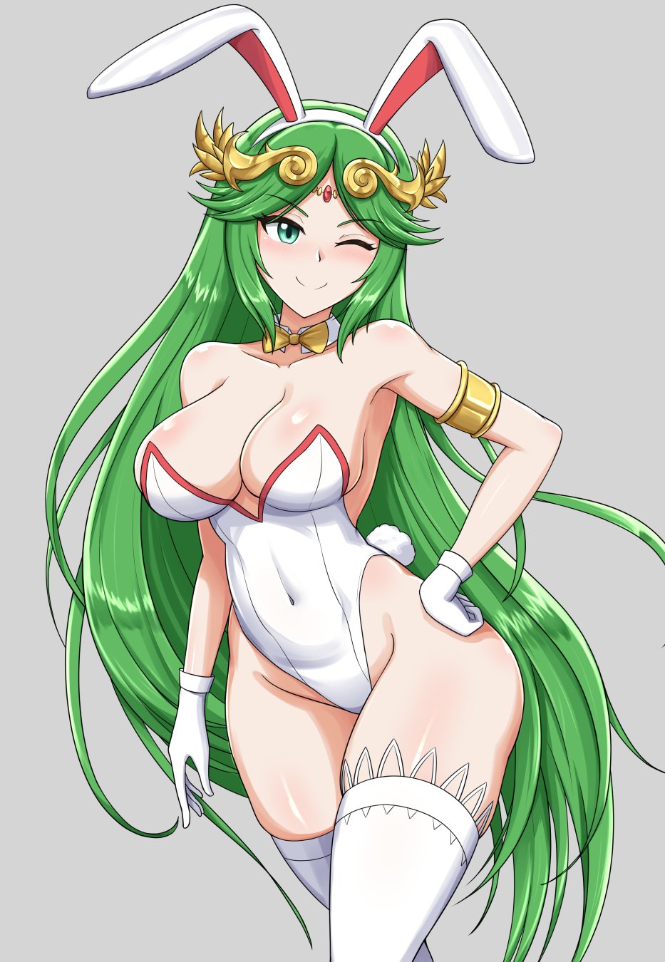 1girl animal_ears armlet bare_shoulders blush breasts canadiananiguy circlet closed_mouth forehead_jewel gloves green_eyes green_hair highres jewelry kid_icarus kid_icarus_uprising large_breasts laurel_crown leotard long_hair looking_at_viewer nintendo nontraditional_playboy_bunny one_eye_closed palutena playboy_bunny rabbit_ears rabbit_tail smile solo tail thighhighs very_long_hair white_gloves white_leotard white_thighhighs