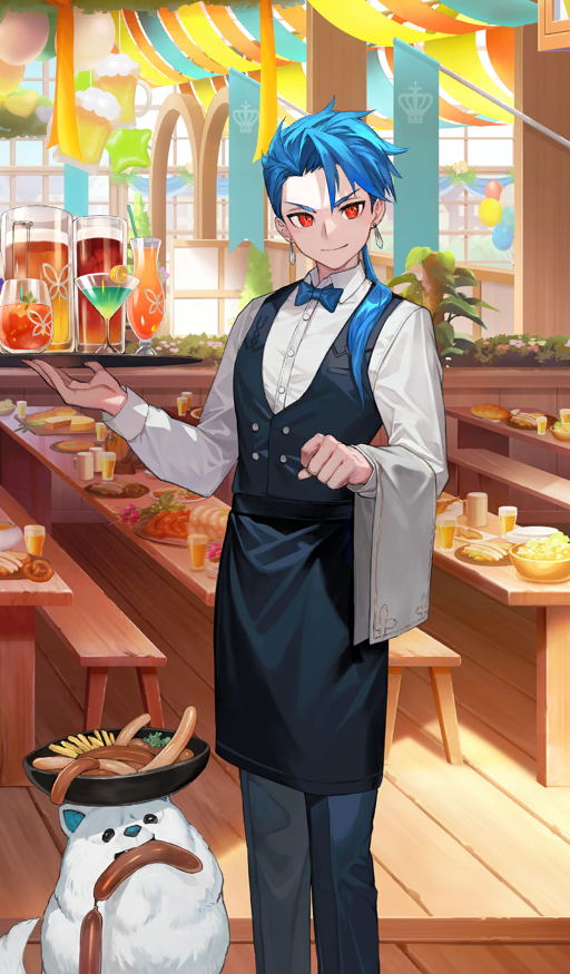 &gt;:) 1boy alcohol apron beer beer_mug black_apron black_pants black_vest blue_bow blue_bowtie blue_hair bow bowtie buttons closed_mouth cocktail_glass commentary_request cu_chulainn_(fate) cup dog dress_pants dress_shirt drink drinking_glass drinking_straw earrings fate/grand_order fate_(series) feet_out_of_frame food food_request garnish hair_over_shoulder hands_up highball_glass holding holding_drink holding_tray hurricane_glass ice ice_cube jewelry lack linked_sausages long_hair long_sleeves looking_at_viewer low_ponytail male_focus mint mouth_hold mug official_art oktoberfest on_head pants ponytail puppy red_eyes sausage setanta_(event_portrait)_(fate) setanta_(fate) shirt smile solo standing third-party_source towel traditional_bowtie tray v-shaped_eyebrows vest waist_apron white_shirt wing_collar