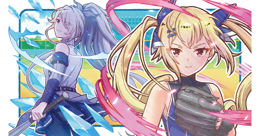 2girls aura baseball_bat baseball_glove baseball_stadium baseball_uniform belt black_belt blonde_hair blue_eyes blue_shirt border bow cinderella_series closed_mouth detached_sleeves dress drill_hair eyes_visible_through_hair hachigatsu_no_cinderella_nine hair_bow hair_ornament hair_over_one_eye hairclip hanako_(akatsuki) high_ponytail holding holding_baseball_bat kousaka_tsubaki kusakari_rena long_hair looking_at_viewer metal_baseball_bat multicolored_dress multiple_girls non-web_source official_art one_eye_covered outdoors outside_border ponytail purple_bow red_eyes scoreboard shirt sleeveless sleeveless_dress sleeveless_shirt sportswear standing twin_drills two-tone_bow v-shaped_eyebrows white_border white_hair