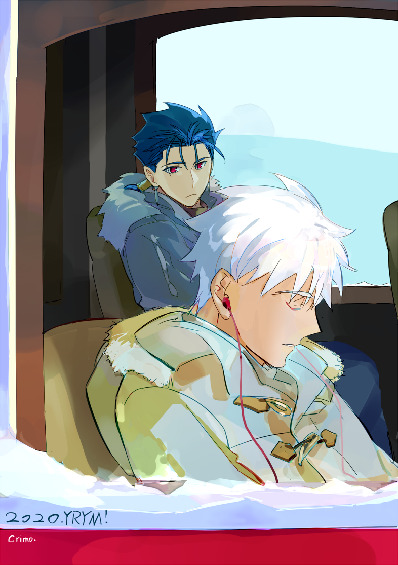 2boys archer_(fate) closed_eyes coat commentary crimo cu_chulainn_(fate) cu_chulainn_(fate/stay_night) earbuds earphones fate/stay_night fate_(series) hood hood_down long_hair looking_at_another male_focus multiple_boys parted_lips ponytail red_eyes short_hair vehicle_interior white_hair