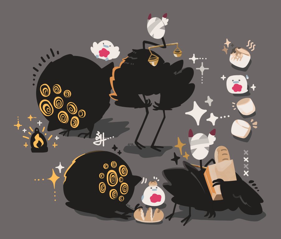 @_@ animal_focus bag balance_scale bandaged_head bandages big_bird_(project_moon) bird black_feathers bread campfire commentary english_commentary extra_eyes feather_hair feathers food grey_background holding holding_bag judgement_bird lobotomy_corporation looking_at_object marshmallow no_humans notice_lines project_moon punishing_bird shadow simple_background sitting sparkle thatpebble weighing_scale yellow_eyes