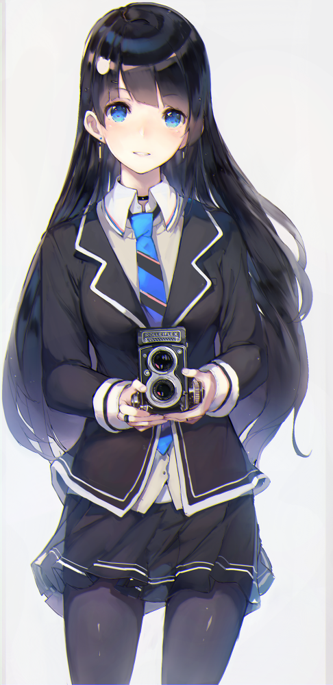 1girl bad_id bad_pixiv_id black_hair black_pantyhose blue_eyes camera choker duplicate earrings female_focus hadean92 holding jewelry long_hair looking_at_viewer necktie original pantyhose parted_lips ring school_uniform simple_background skirt smile solo twin-lens_reflex_camera white_background