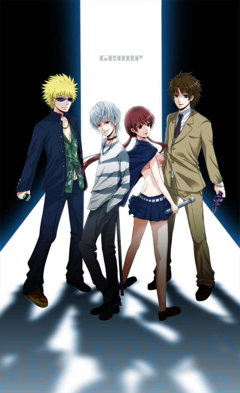 1girl 3boys accelerator_(toaru_majutsu_no_index) bad_id bad_pixiv_id blonde_hair brown_eyes brown_hair cellphone choker crutch etzali highres multiple_boys musujime_awaki phone red_eyes red_hair sarashi school_uniform skirt sunglasses toaru_majutsu_no_index tsuchimikado_motoharu unabara_mitsuki white_hair wolf025
