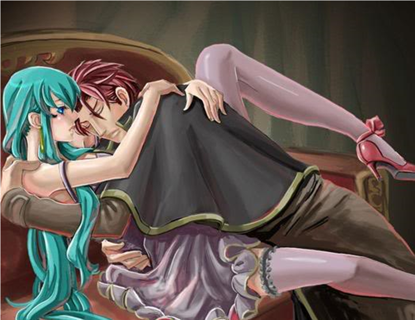 aozora_kyuuji aqua_hair bare_shoulders between_legs blue_eyes blue_hair blush closed_eyes couch couple earrings eirika_(fire_emblem) fire_emblem fire_emblem:_the_sacred_stones hug jewelry jpeg_artifacts knight lips long_hair nintendo princess red_hair seth_(fire_emblem) shoes short_hair sitting strap_slip thighhighs very_long_hair
