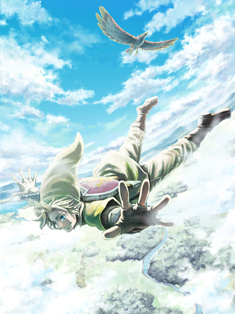 1boy beco bird blonde_hair blue_eyes cloud day gloves hat link loftwing male_focus md5_mismatch nature nintendo pointy_ears scenery shield sky skydive smile sword the_legend_of_zelda the_legend_of_zelda:_skyward_sword weapon