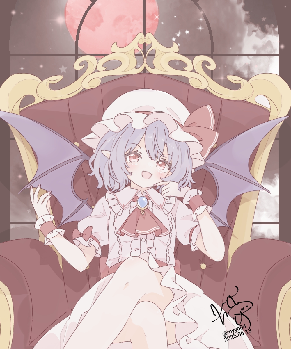 1girl armchair ascot bat_wings blue_hair chair chame_(myyo04) crossed_legs dated dress fang frilled_dress frills hat highres indoors looking_at_viewer mob_cap moon on_chair open_mouth pointy_ears red_ascot red_eyes red_moon remilia_scarlet short_hair signature sitting smile solo touhou white_dress white_hat wings