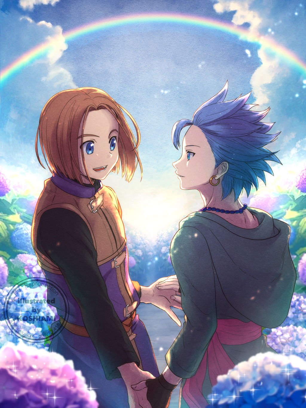 2boys :d artist_name bead_necklace beads black_shirt blue_eyes blue_flower blue_hair blue_sky blurry blurry_background brown_gloves brown_hair camus_(dq11) cloud commentary_request couple cowboy_shot dragon_quest dragon_quest_xi earrings fingerless_gloves flower gloves gold_earrings green_tunic hero_(dq11) highres holding_hands hoop_earrings hyacinth jewelry koshi_(meermisa) looking_at_another male_focus multiple_boys necklace open_mouth outdoors parted_hair pixiv_id profile purple_flower purple_tunic rainbow red_sash sash shirt short_hair single_bang sky smile sparkle spiked_hair tunic twitter_username watermark yaoi