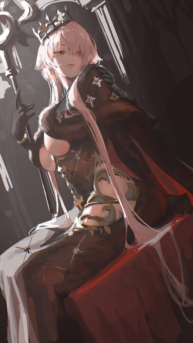 1girl argyle_cape argyle_clothes azur_lane black_dress black_gloves blonde_hair breasts clemenceau_(azur_lane) crown dress dutch_angle erospanda gloves highres hip_vent holding holding_staff large_breasts long_hair looking_to_the_side red_eyes sitting solo staff tight_clothes tight_dress tilted_headwear underboob very_long_hair vichya_dominion_(emblem)