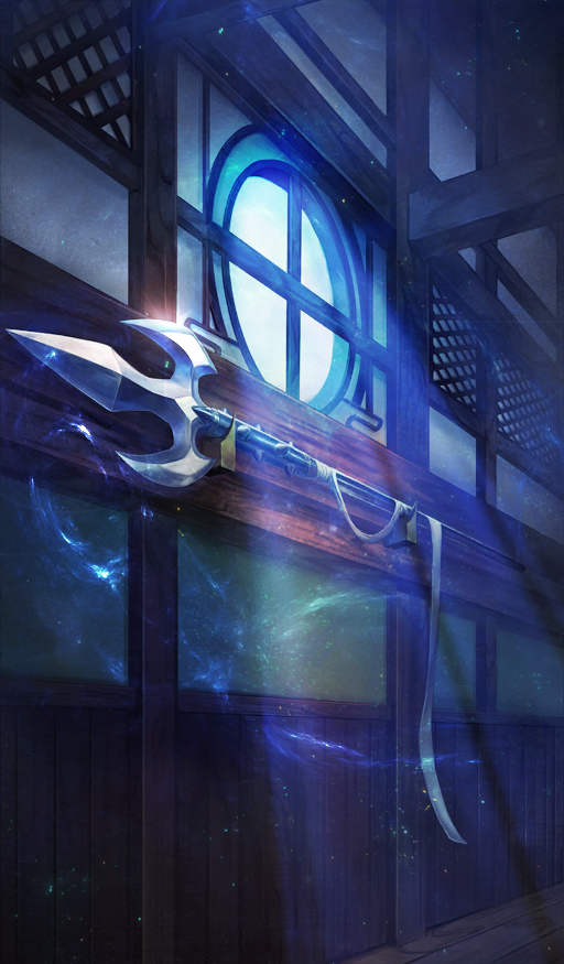 commentary fate/grand_order fate_(series) indoors juumonji_yari lasengle light_particles light_rays light_trail moonlight night no_humans official_art polearm scenery spear still_life third-party_source weapon weapon_focus window yari