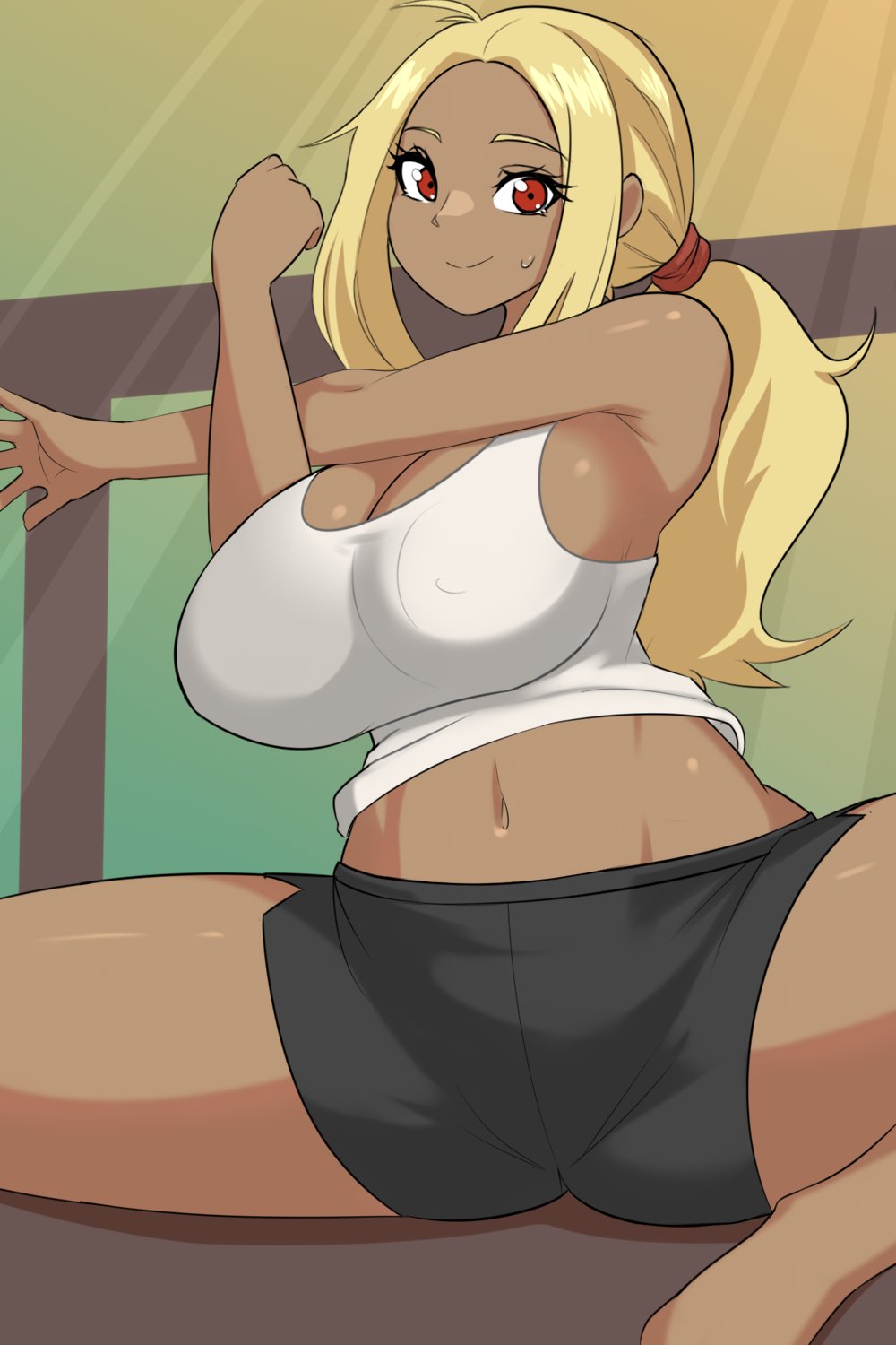 1girl blonde_hair dark-skinned_female dark_skin gravity_daze highres kitten_(gravity_daze) kt80at red_eyes solo spread_legs