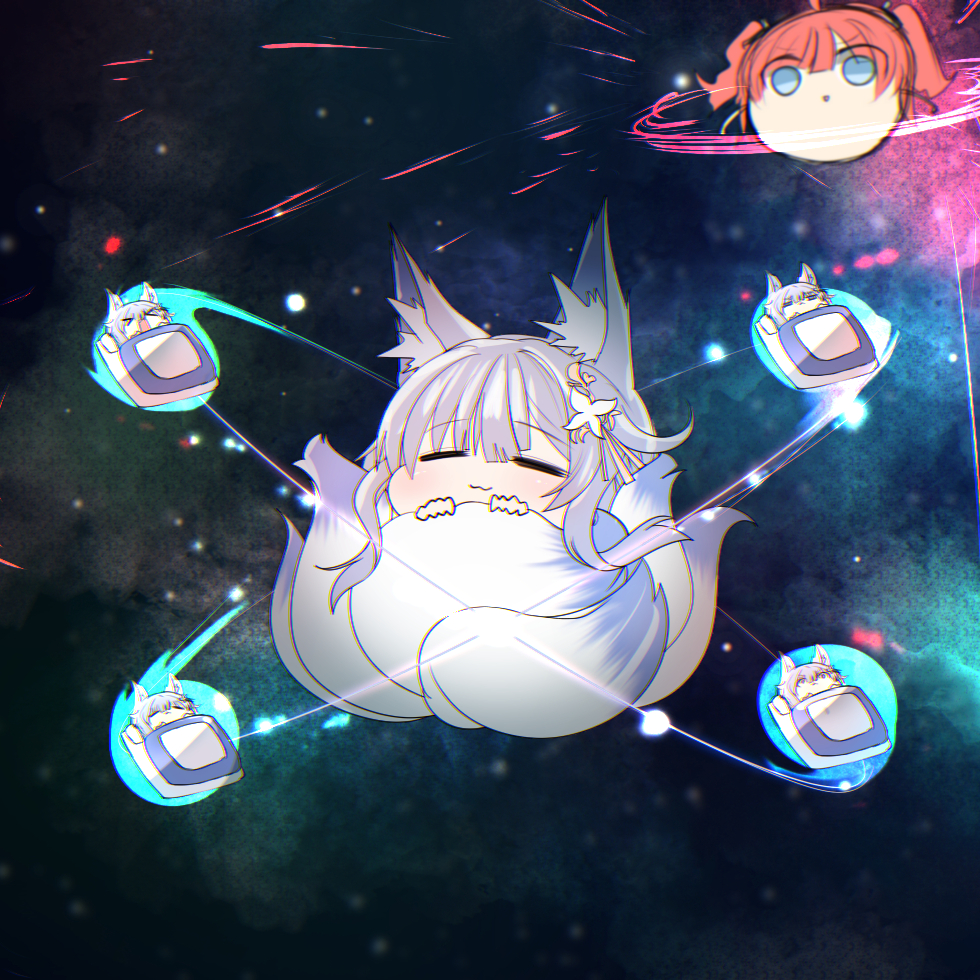2girls akaoni_(zumt3548) animal_ear_fluff animal_ears azur_lane blue_eyes chibi fox_ears fox_girl hair_ornament long_hair multiple_girls multiple_tails orbit orbital_ring red_hair san_diego_(azur_lane) shinano_(azur_lane) sleeping tail white_tail