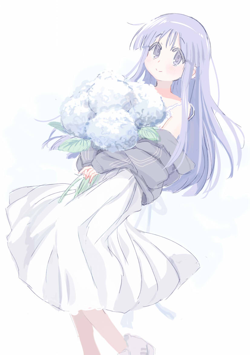 1girl blush bouquet closed_mouth dress flower foot_out_of_frame grey_jacket hinata_yukari holding holding_bouquet jacket long_hair looking_at_viewer purple_eyes purple_hair shoes simple_background sleeveless sleeveless_dress smile solo standing tatsunokosso white_background white_dress yuyushiki