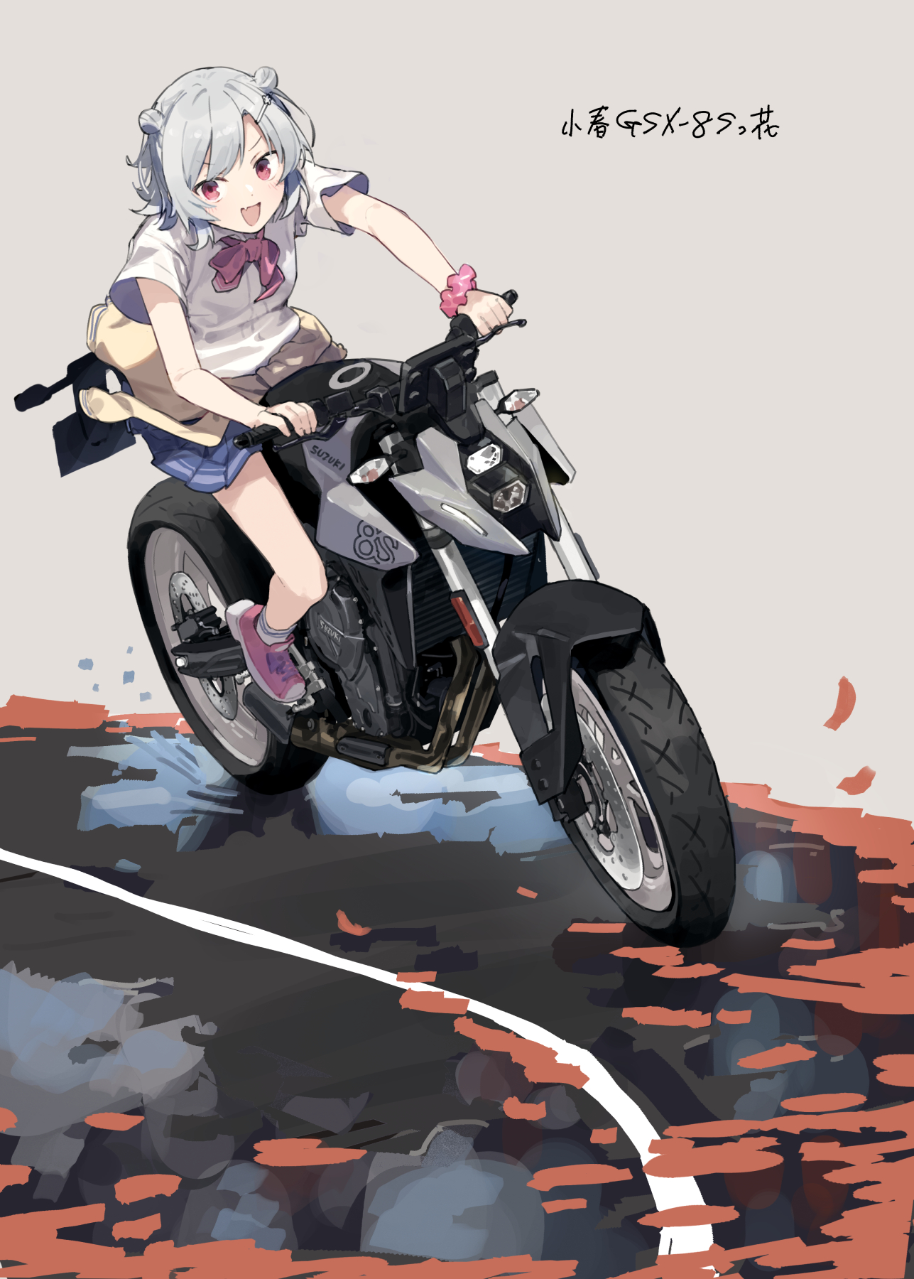 1girl blue_skirt cevio clothes_around_waist double_bun grey_hair hair_bun highres hitogome koharu_rikka looking_at_viewer medium_hair miniskirt motor_vehicle motorcycle open_mouth pink_shoes pleated_skirt red_eyes riding scrunchie shirt shoes short_sleeves skirt smile solo suzuki_(company) suzuki_gsx-8s sweater sweater_around_waist synthesizer_v white_shirt wrist_scrunchie