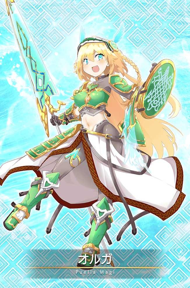 1girl armor armored_boots belt black_gloves blonde_hair blue_background blue_eyes boots braid breastplate card_(medium) character_name cropped_shirt fang frilled_hairband frills full_body game_cg gloves green_boots green_hairband grey_pantyhose grey_shirt hairband holding holding_shield holding_sword holding_weapon knee_boots light_particles long_hair long_skirt looking_at_viewer magia_record:_mahou_shoujo_madoka_magica_gaiden mahou_shoujo_madoka_magica masu_gitsune navel official_art olga_(madoka_magica) open_mouth pantyhose pauldrons shield shirt shoulder_armor side_slit single_braid skin_fang skirt smile solo stomach sword turtleneck turtleneck_shirt very_long_hair weapon white_shirt yellow_belt