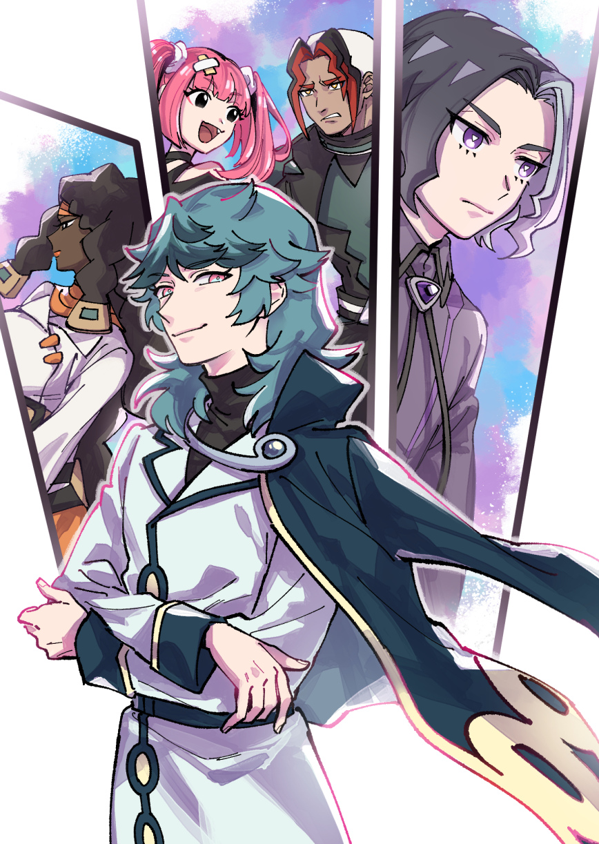2girls 3boys :d amethio_(pokemon) black_eyes black_shirt bright_pupils chalce_(pokemon) closed_mouth collared_shirt commentary_request coral_(pokemon) dark-skinned_female dark_skin eyelashes fang hair_ornament highres koromo_(seallllll) long_hair multicolored_hair multiple_boys multiple_girls nintendo off-shoulder_shirt off_shoulder open_mouth pink_eyes pink_hair pokemon pokemon_(anime) pokemon_horizons purple_eyes shirt sidian_(pokemon) smile spinel_(pokemon) tongue twintails white_pupils