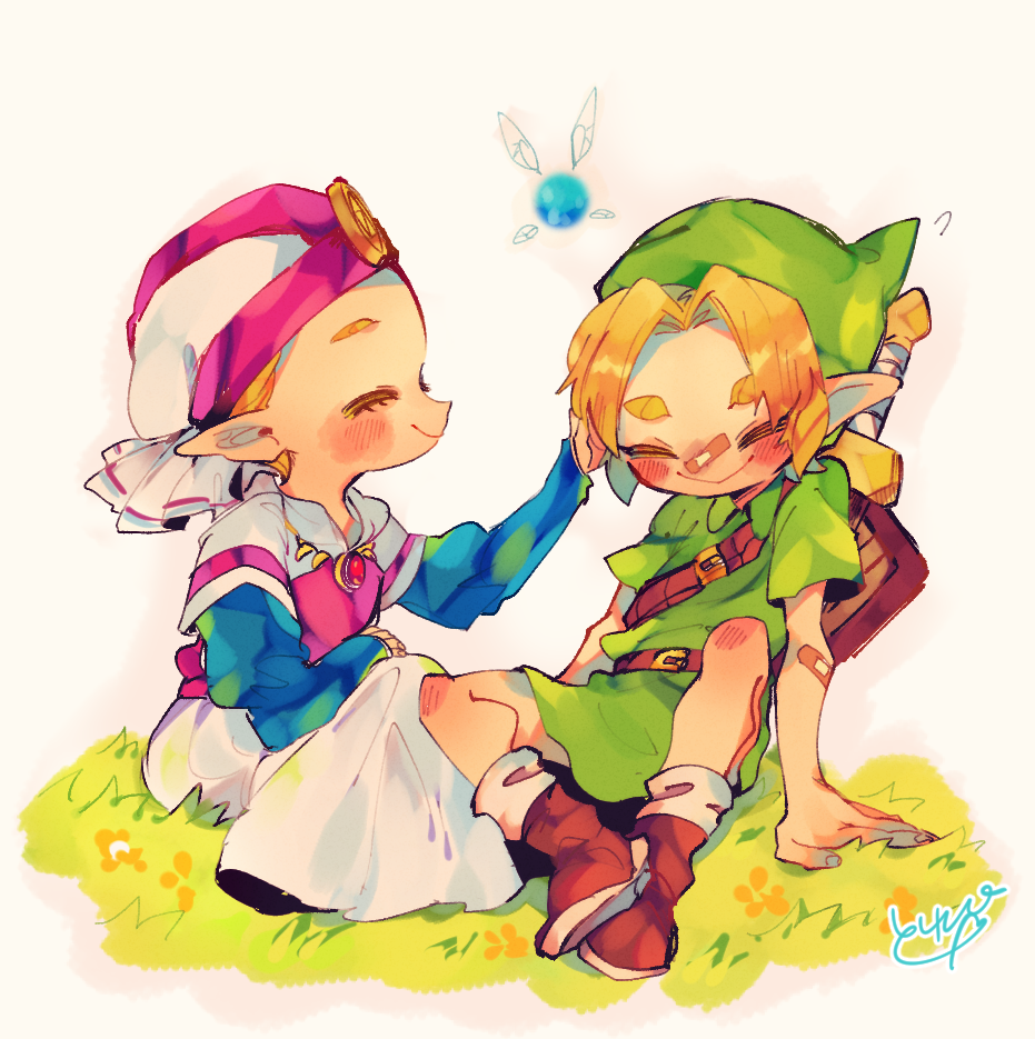 1boy 1girl bandaid bandaid_on_arm bandaid_on_face bandaid_on_nose belt blonde_hair blue_sleeves blush boots brooch brown_belt brown_footwear closed_eyes closed_mouth commentary_request dress fairy full_body green_hat green_tunic hand_on_another&#039;s_head hat jewelry juliet_sleeves link long_dress long_sleeves navi nintendo on_grass pink_dress pink_hat pointy_ears princess_zelda puffy_sleeves red_brooch repikinoko shield shield_on_back short_sleeves shoulder_belt signature sitting smile sword sword_on_back the_legend_of_zelda the_legend_of_zelda:_ocarina_of_time tunic two-tone_dress two-tone_headwear weapon weapon_on_back white_background white_dress white_hat young_link young_zelda
