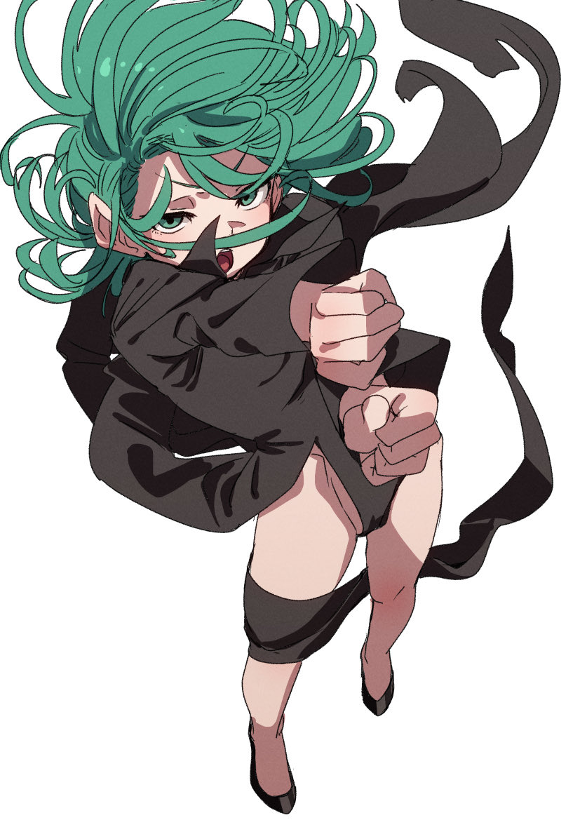 1girl black_dress clenched_hands commentary_request dress fu-ta green_eyes green_hair looking_at_viewer medium_hair one-punch_man open_mouth simple_background solo tatsumaki white_background