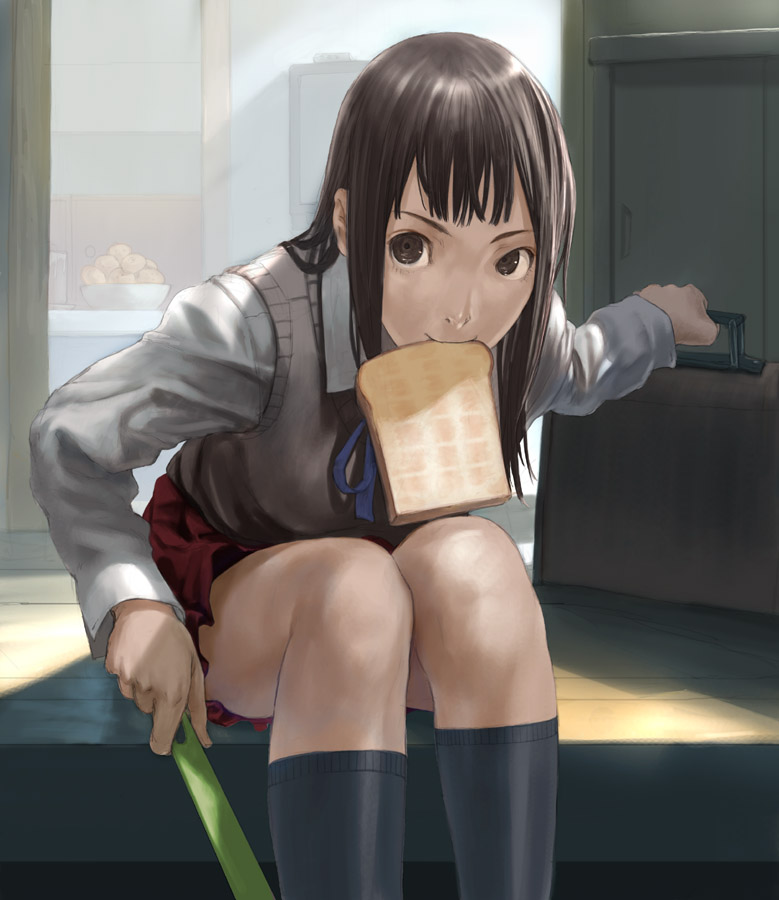 1girl bag bread bread_slice brown_eyes brown_hair female_focus food food_in_mouth kneehighs long_hair mouth_hold nao nao_(artist) original pleated_skirt school_bag school_uniform serafuku sitting skirt socks solo sweater sweater_vest toast toast_in_mouth vest